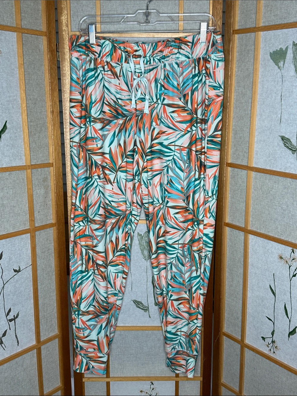Women’s Jockey tropical leaf print lounge pants vibrant orange, teal, and green